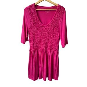 Soft Surroundings Boho Hot Pink Smocked Tunic Top 1X 3/4 Sleeve‎ Stretch Long